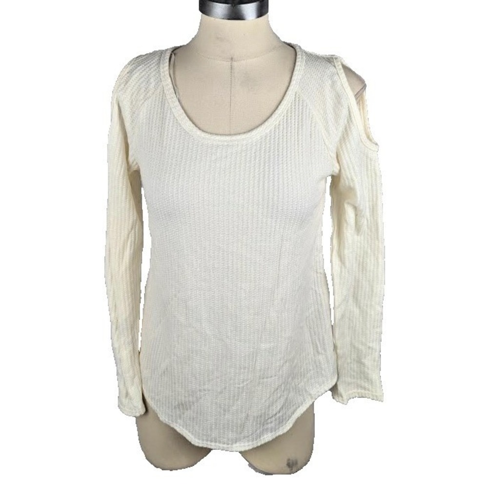 Self E Juniors Waffle Knit Pullover Sweater Ivory Size L Cold Shoulder